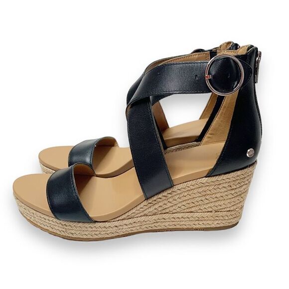 Ugg Hylda Black Leather Strappy Espadrille Wedge Sandals Ankle Buckle Women’s 11 - Picture 1 of 10